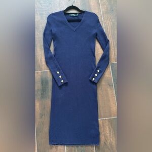 Ralph Lauren Cotton Navy Blue Sweater Dress With Golden Signature Button XS